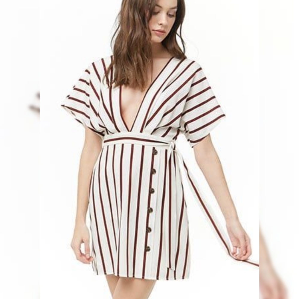 White striped plunging dolman mini dress Medium